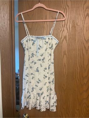 Altar'd State White Dress with Blue Floral Print and Ribbon